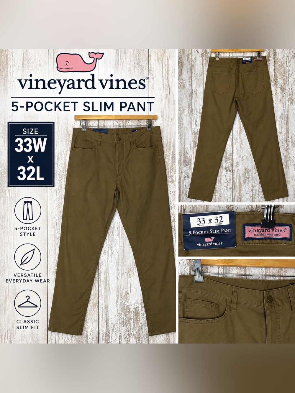 Vineyard Vines 5-Pocket Slim Pants Men’s 33x32 Brown Khaki Casual Chino